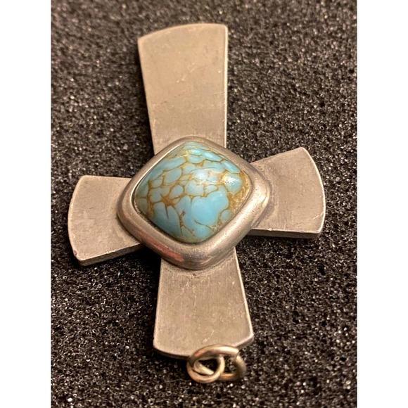 Vintage jorgen Jensen Cross Pendant Denmark Pewter Cross w/Turquoise stone - Picture 5 of 8